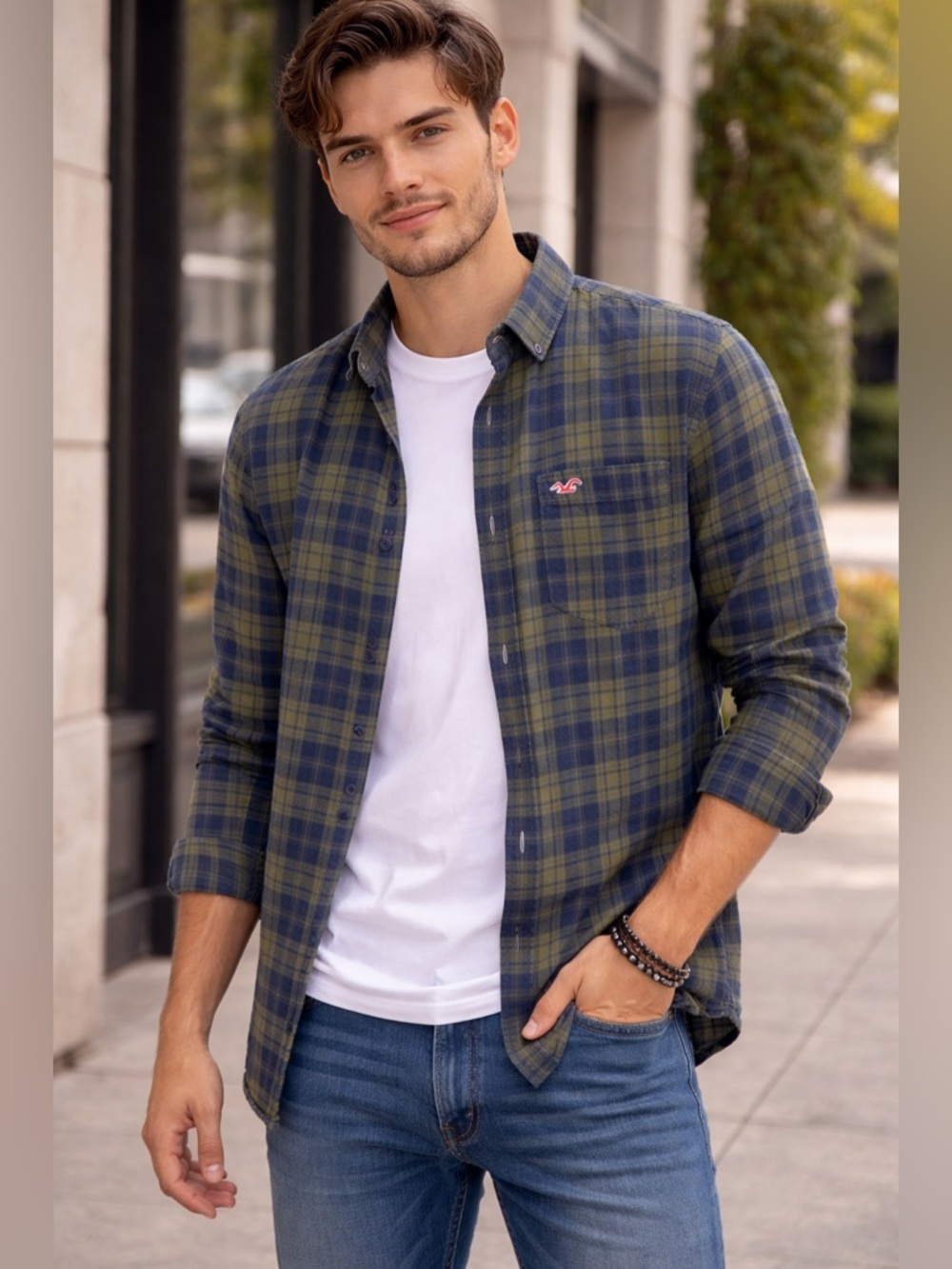 Hollister Button Up Shirt Mens Large Blue Green Plaid Casual Lightweight